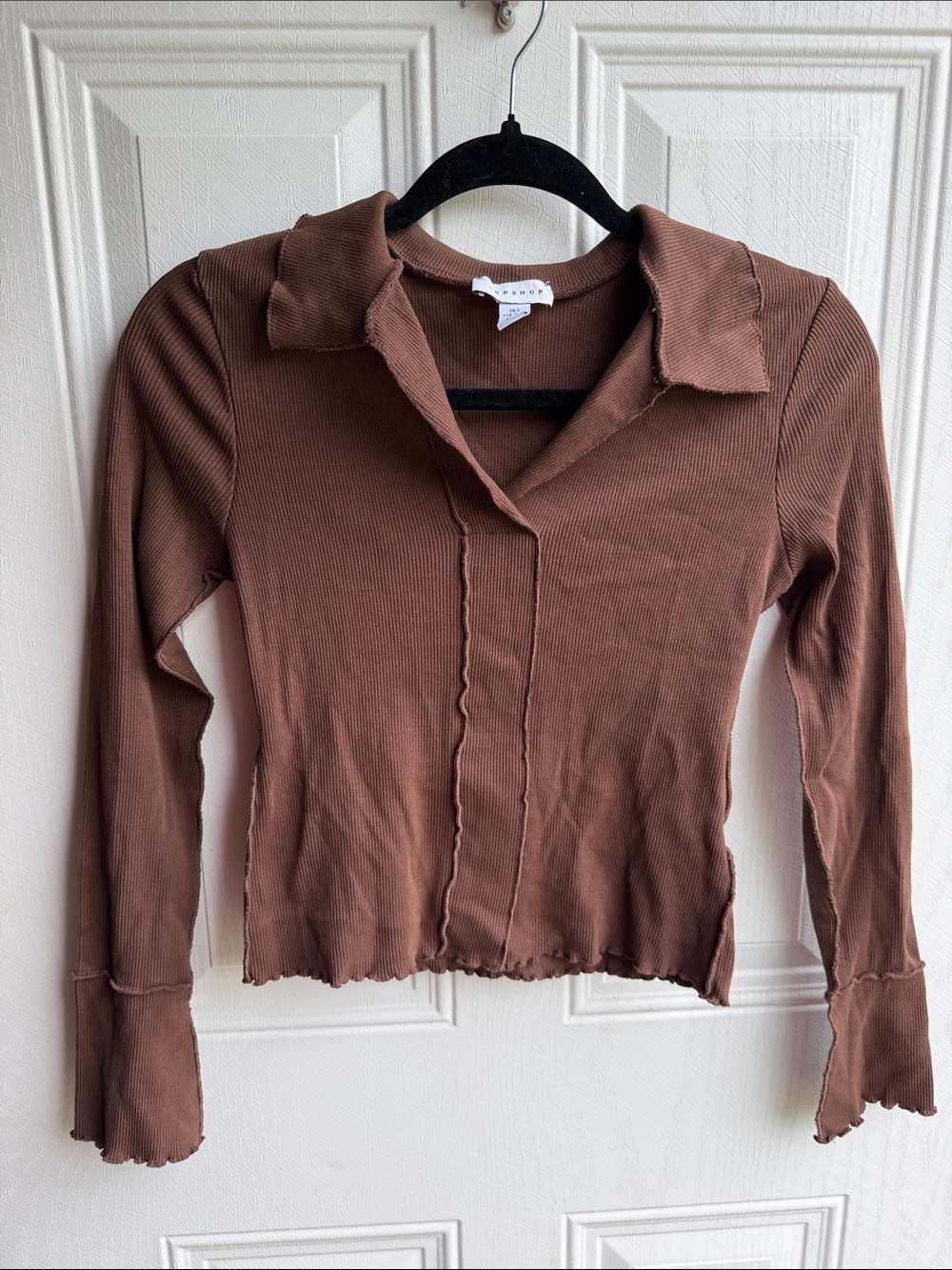 Topshop Ribbed Brown Collard Crop Top Y2K Boho Baby Long Sleeved Tee US 4-6